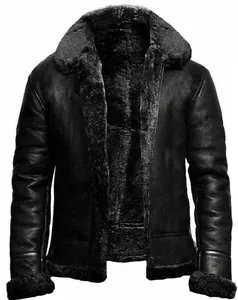 Elegante chaqueta de invierno de piel sintética para hombre con forro de pelo negro