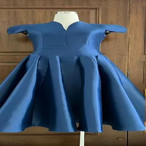 Elegant royal blue V-neck puffy cocktail dress with petal sleeves in satin fabric