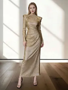 French Retro Gold Black Pleated Bodycon Dress Women Light Luxury Long Sleeve Slim Tight Maxi Dress Elegant Banquet Party Dress