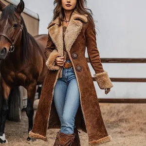 Trench-coat Long Western Vintage pour Femmes en Suède Doublé Sherpa Veste Hiver Chaude Couleur Unie Style Rétro Haut