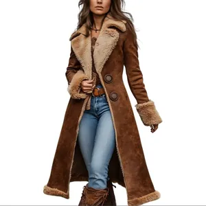 Manteau long marron de style western vintage pour femme avec doublure en peluche