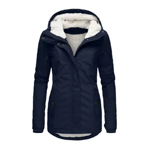 Giacca invernale da donna blu navy con cappuccio, calda fodera in pile e tasche