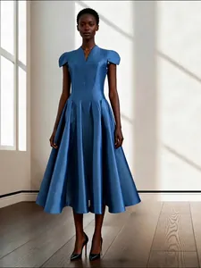 Women V-Neck Petal Sleeve Prom Dress High Waist Elegant Acetate Glossy Satin A-Line Puffy Skirt Maxi Dress For Wedding Party