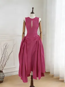 Elegant fuchsia sleeveless hollow-out pleated maxi dress featuring an irregular hemline