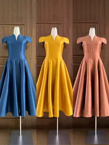 Elegant V-neck acetate petal evening dress with puffy skirt shown in three colors