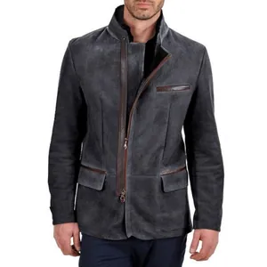 Men's British style slim fit dark gray suede jacket featuring brown leather trim
