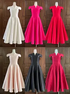 Elegant V-neck petal sleeve puffy dress in various colors made of premium acetate fabric.
