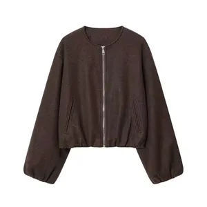 Casual brown soft zip-up bomber jacket for women, stylish spring outerwear variant