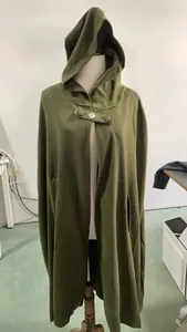 Full-length olive green hooded cloak for Halloween costumes displayed on a mannequin