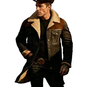 Vintage men's winter jacket with warm shearling fleece lining and classic brown panels