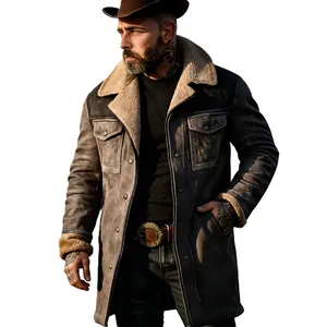 High-quality detail of men's vintage brown leather jacket with warm beige shearling lining.