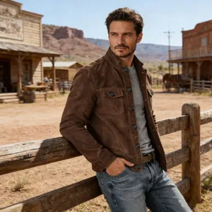Rugged men's faux suede jacket in brown, Western town outdoor lifestyle detail shot