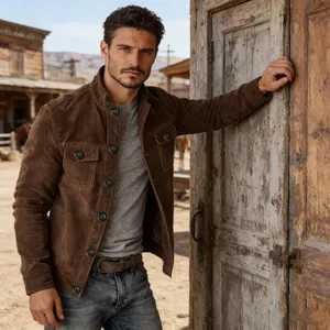 Detailed view of a men's brown imitation suede jacket in a Western style setting