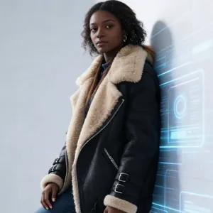 Detailed view of women's black faux shearling biker jacket featuring a cream lapel