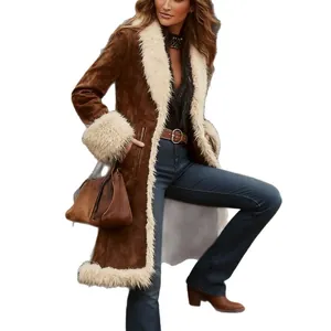 Manteau long en daim rétro occidental avec bordure en fourrure épaisse pour l'hiver