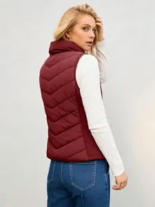 Back view of burgundy stand-up collar padded vest for women with V-shaped quilting
