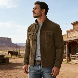 Close-up of a rugged brown faux suede men's jacket in a western desert setting