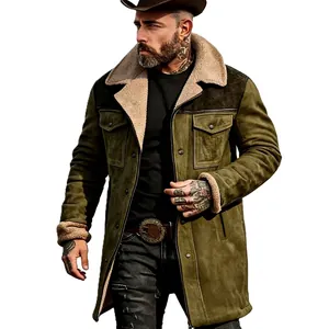 Detail of a green vintage suede jacket with a warm shearling collar for men.