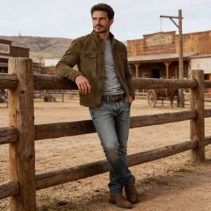 Rugged men's faux suede jacket in olive green styled in a classic Western ranch setting