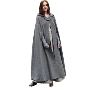 Elegant long grey hooded cloak for women Halloween medieval cosplay costume outerwear