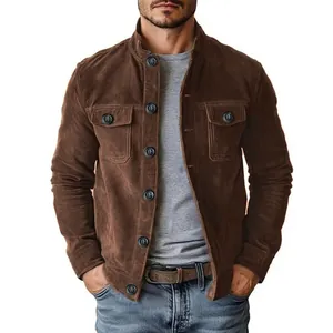 Close-up of men's casual faux suede jacket with button-down front and chest pockets.