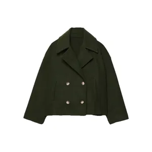 Veste courte élégante en laine vert foncé pour femme à double boutonnage