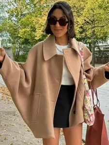 Elegante abrigo capa de lana para mujer de estilo francés con cuello de solapa, camel
