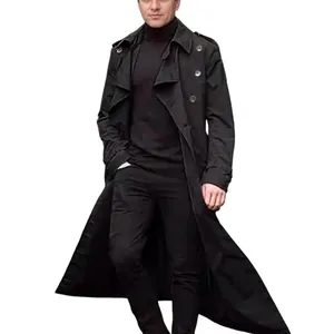Gabardina Larga de Moda para Hombre Doble Botonadura Solapa Cortavientos Con Cinturón Hombreras Corte Slim Abrigo Casual