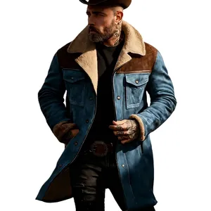 Detailed view of vintage blue shearling-lined men's jacket with brown patches.