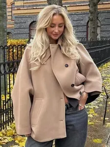 Elegante abrigo corto de mezcla de lana estilo francés, capa color camello con cuello solapa