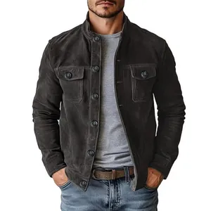 Detail view of men's casual faux suede jacket with button-down front and pockets