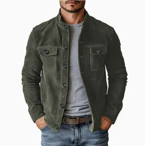 Men's Casual Faux Suede Jacket Western Workwear Style Single Breasted Lapel Outerwear With Chest Pockets For Spring Autumn