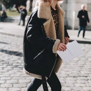 Women's black faux suede shearling biker jacket with warm lamb wool lining and lapel