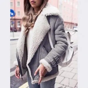 Stylish grey faux suede aviator jacket featuring warm white faux fur lining and lapels.