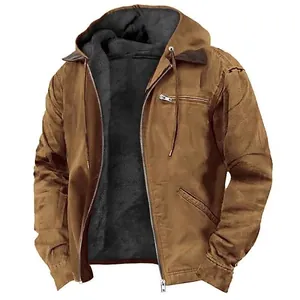 Veste à Capuche Rétro pour Hommes Doublée Polaire Coupe-vent Décontracté Mélange de Coton Fermeture Éclair Veste Automne Hiver