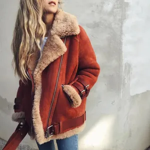 Chic women's burnt orange faux suede shearling biker jacket with warm faux fur