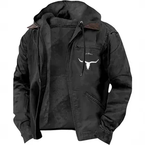 Veste à capuche vintage noire pour hommes avec motif tête de taureau et fermeture éclair.