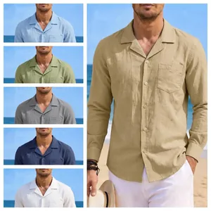 Men's Vintage Cotton Linen Long Sleeve Casual Shirt Loose Fit Button Down Beach Vacation Top With Chest Pocket