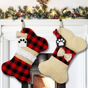 Christmas Bone Shaped Stocking Pet Gift Bag Buffalo Plaid Burlap Stockings With Bow Lace For Christmas Fireplace Party Decor