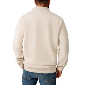 Back view of men's cream fleece sweatshirt with stand collar for winter