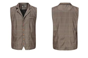 Front and back detail view of a men's slim fit plaid waistcoat in brown check pattern