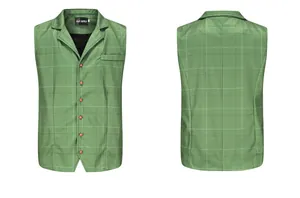 Detailed front and back views of a men's green plaid slim-fit casual suit vest