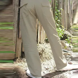 Back view of men's khaki casual cotton linen pants featuring dual rear pocket details