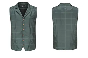 Front and back view of men's casual slim fit green plaid vest with notch lapel detail