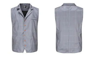 Professional grey plaid men's slim fit casual vest shown from front and back views