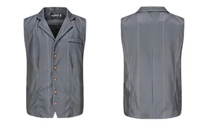 Detailed front and back view of a grey slim-fit plaid men's vest with lapel collar