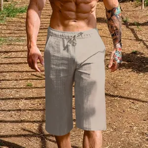 Breathable men's casual linen cotton cropped pants for summer outdoor leisure wear