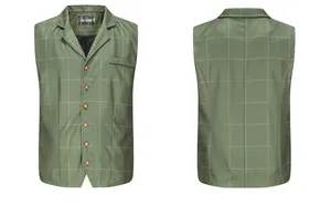 Professional front and back view of men's slim fit green plaid vest with notch lapel