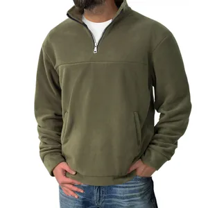 Detailed view of olive green men's fleece sweatshirt featuring a half-zip stand collar.