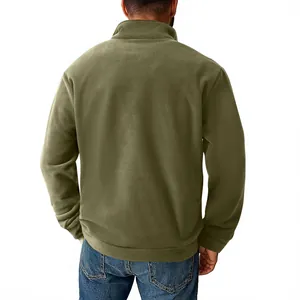 Back view of a premium men's olive green fleece half-zip sweatshirt with stand collar